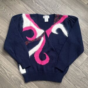 Franco Valeri | Vintage Navy and Pink V-Neck Fun Design Sweater Size Large